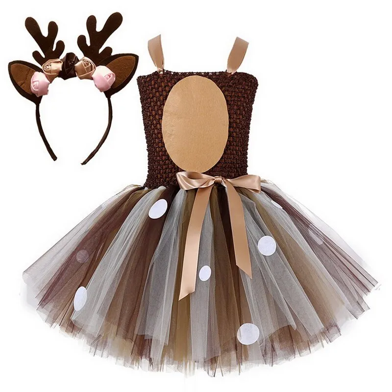 2-8 Years Little Girls Eve Xmas Dress up Party Dresses Kids Deer Animal Tutu Dress with Headband