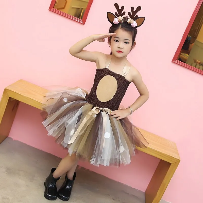 2-8 Years Little Girls Eve Xmas Dress up Party Dresses Kids Deer Animal Tutu Dress with Headband