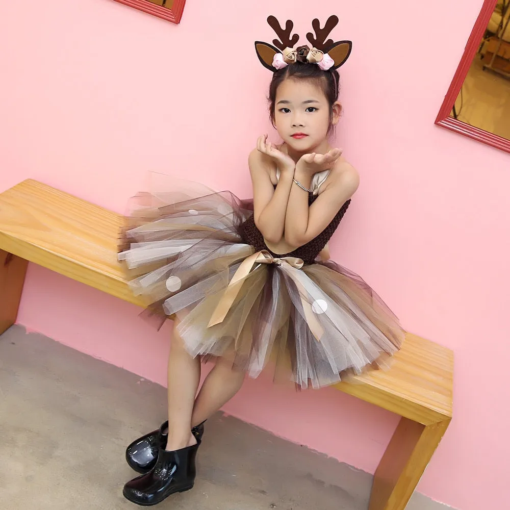 2-8 Years Little Girls Eve Xmas Dress up Party Dresses Kids Deer Animal Tutu Dress with Headband