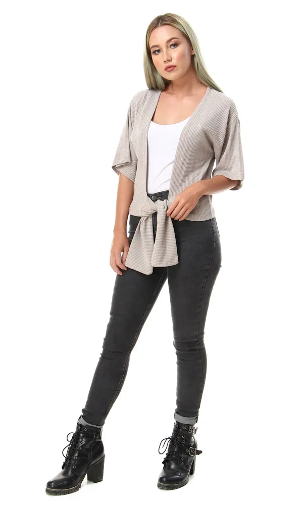 56986 Ribbed Casual Cardigan With Front Tie - Beige