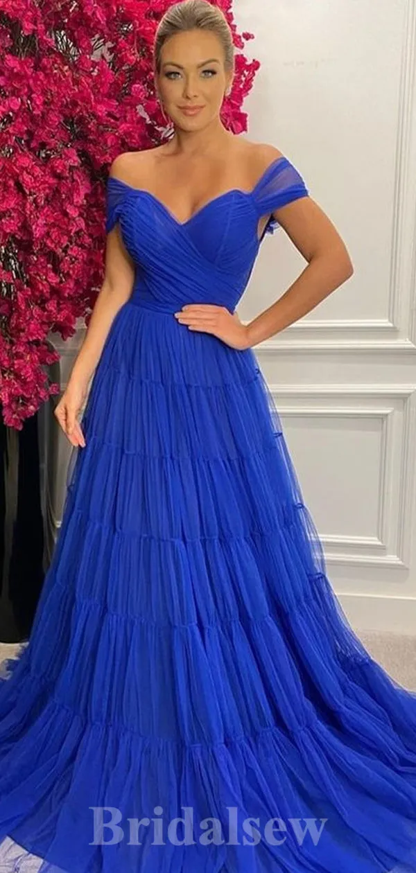 A-line Blue Tulle Off the Shoulder New Best Modest Elegant Long Women Evening Prom Dresses PD904