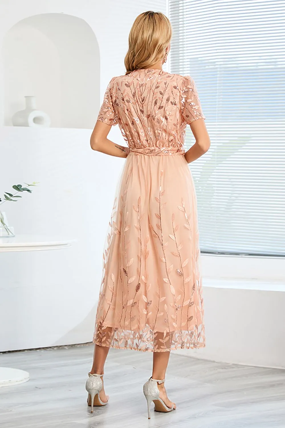 A-Line Blush Casual Dress with Short Sleeves