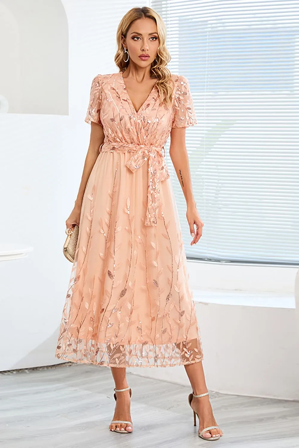 A-Line Blush Casual Dress with Short Sleeves