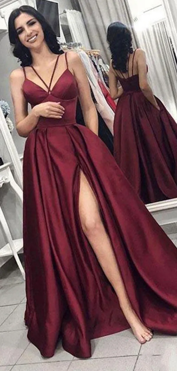 A-line Burgundy Custom Elegant Modest Formal Long Prom Dresses for Party PD298