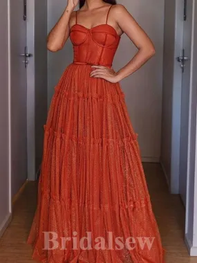 A-line Burnt Orange Spaghetti Straps New Glitter Modest Formal Long Women Evening Prom Dresses PD900