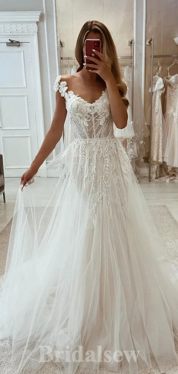 A-line Charming Custom V-Neck Lace Unique Fairy Beach Boho Vintage Long Wedding Dresses WD334