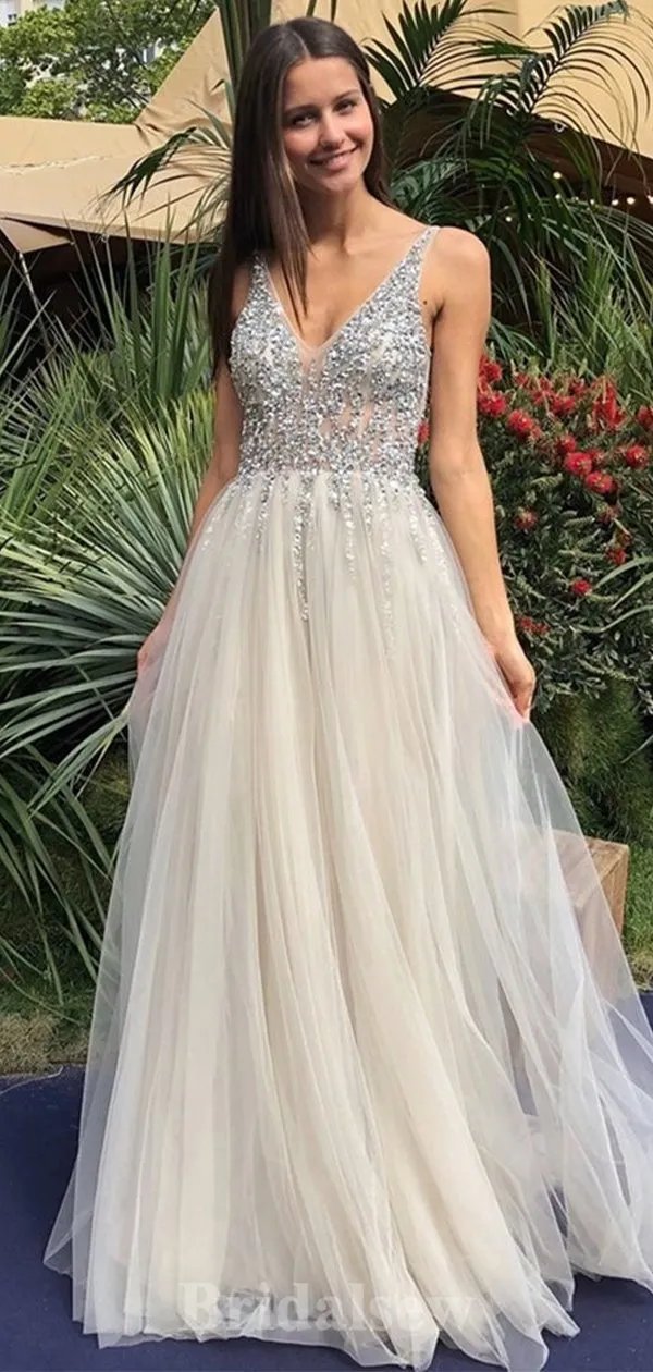 A-line Charming V-Neck Sparkly Modest Elegant Long Party Evening Prom Dresses PD1330