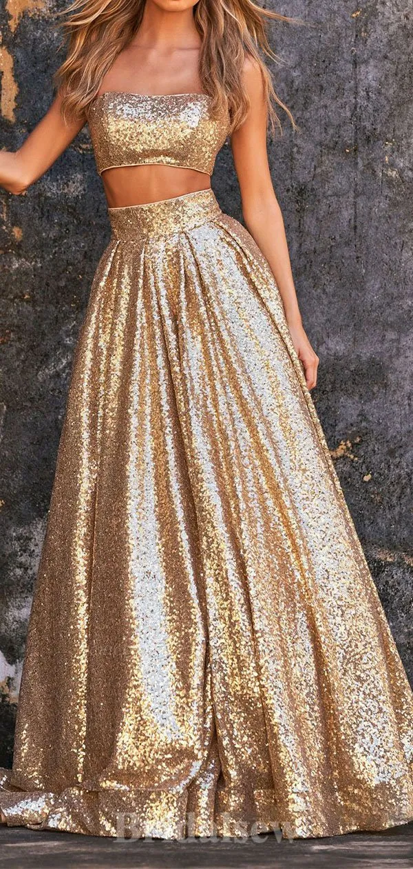 A-line Elegant Sparkly Sequin Two Pieces Green Gold Popular Fashion Long Party Evening Prom Dresses PD1274