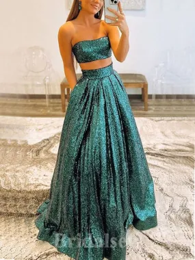 A-line Elegant Sparkly Sequin Two Pieces Green Gold Popular Fashion Long Party Evening Prom Dresses PD1274