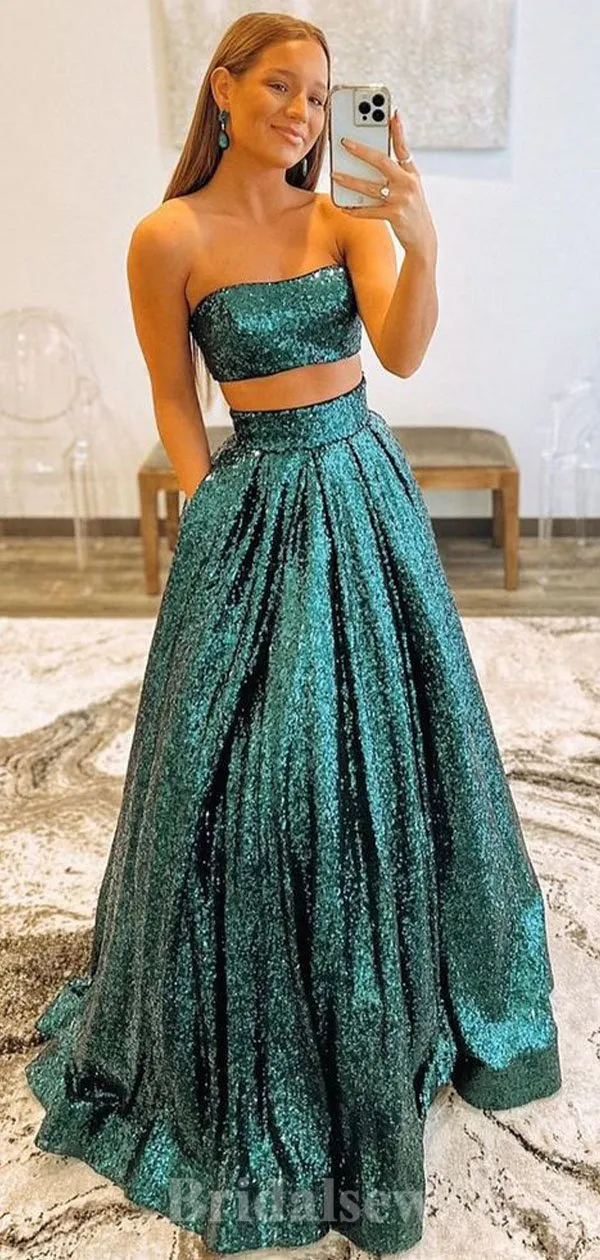 A-line Elegant Sparkly Sequin Two Pieces Green Gold Popular Fashion Long Party Evening Prom Dresses PD1274