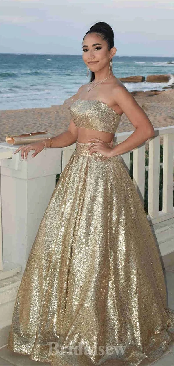 A-line Elegant Sparkly Sequin Two Pieces Green Gold Popular Fashion Long Party Evening Prom Dresses PD1274