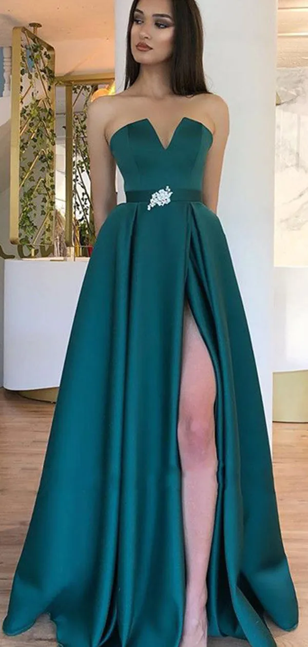 A-line Fashion Women Elegant Strapless Satin Simple Long Prom Dresses PD174