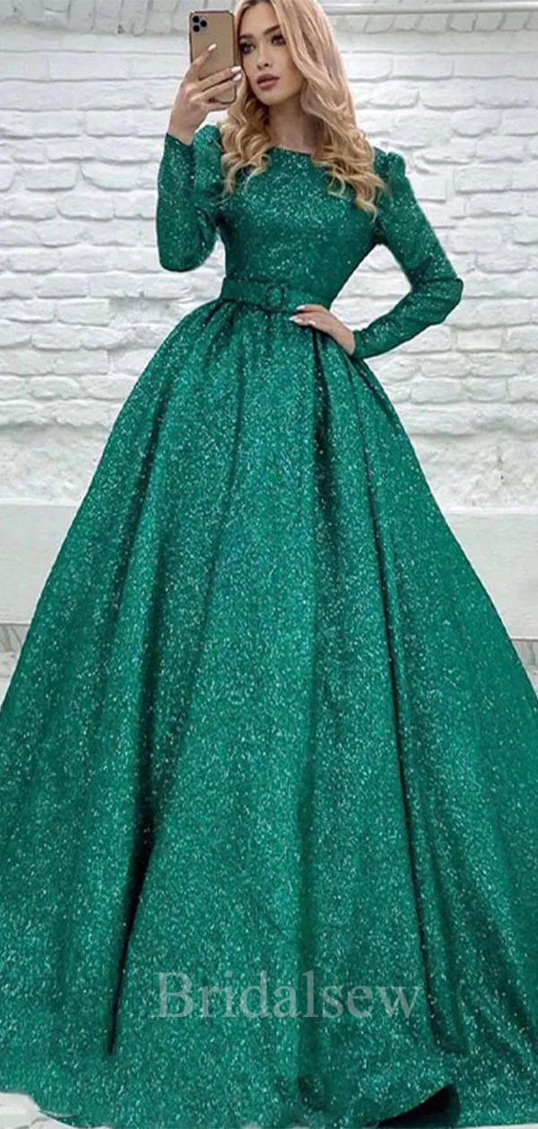 A-line Green Sequin Sparkly Black Girls Slay Long Sleeves Women Long Evening Prom Dresses PD584