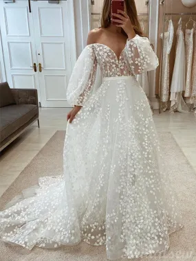 A-line Lace Long Sleeves Plus Size Vintage Garden Beach Long Wedding Dresses WD237