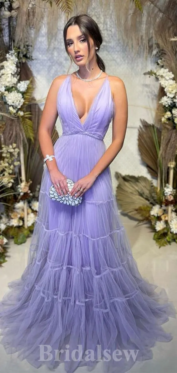 A-line Lilac Tulle Deep V-Neck New Best Modest Elegant Long Women Evening Prom Dresses PD905