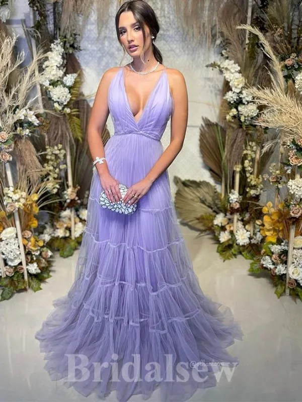 A-line Lilac Tulle Deep V-Neck New Best Modest Elegant Long Women Evening Prom Dresses PD905