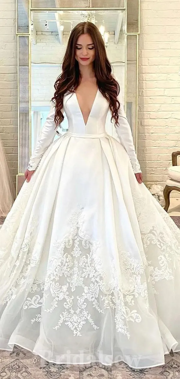 A-line Long Sleeves Satin Gorgeous Beach Vintage Long Wedding Dresses, Dream Bridal Gown WD422