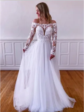 A-line Off the Shoulder Long Sleeves Lace Garden Beach Vintage Long Wedding Dresses, Bridal Gown WD310