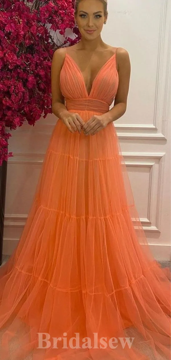 A-line Orange Tulle Spaghetti Straps New Best Modest Formal Long Women Evening Prom Dresses PD901