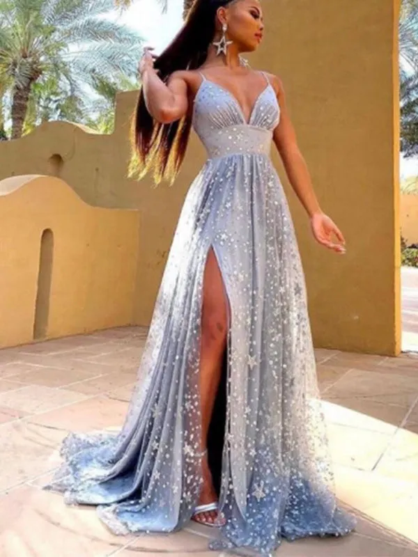 A-line Sparkly Unique Sequin Modest Party Formal Long Evening Prom Dresses PD284