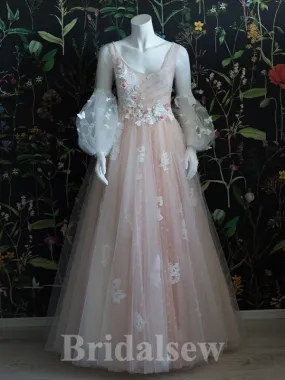 A-line Stylish Puff Sleeves Tulle Princess Long Women Evening Prom Dresses PD823