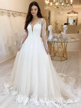 A-line Tulle Long Sleeves Garden Beach Vintage Long Wedding Dresses, Dream Bridal Gown WD434