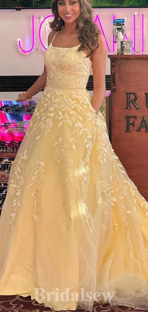 A-line Yellow Lace Spaghetti Straps Best Popular Elegant Long Evening Prom Dresses PD1210