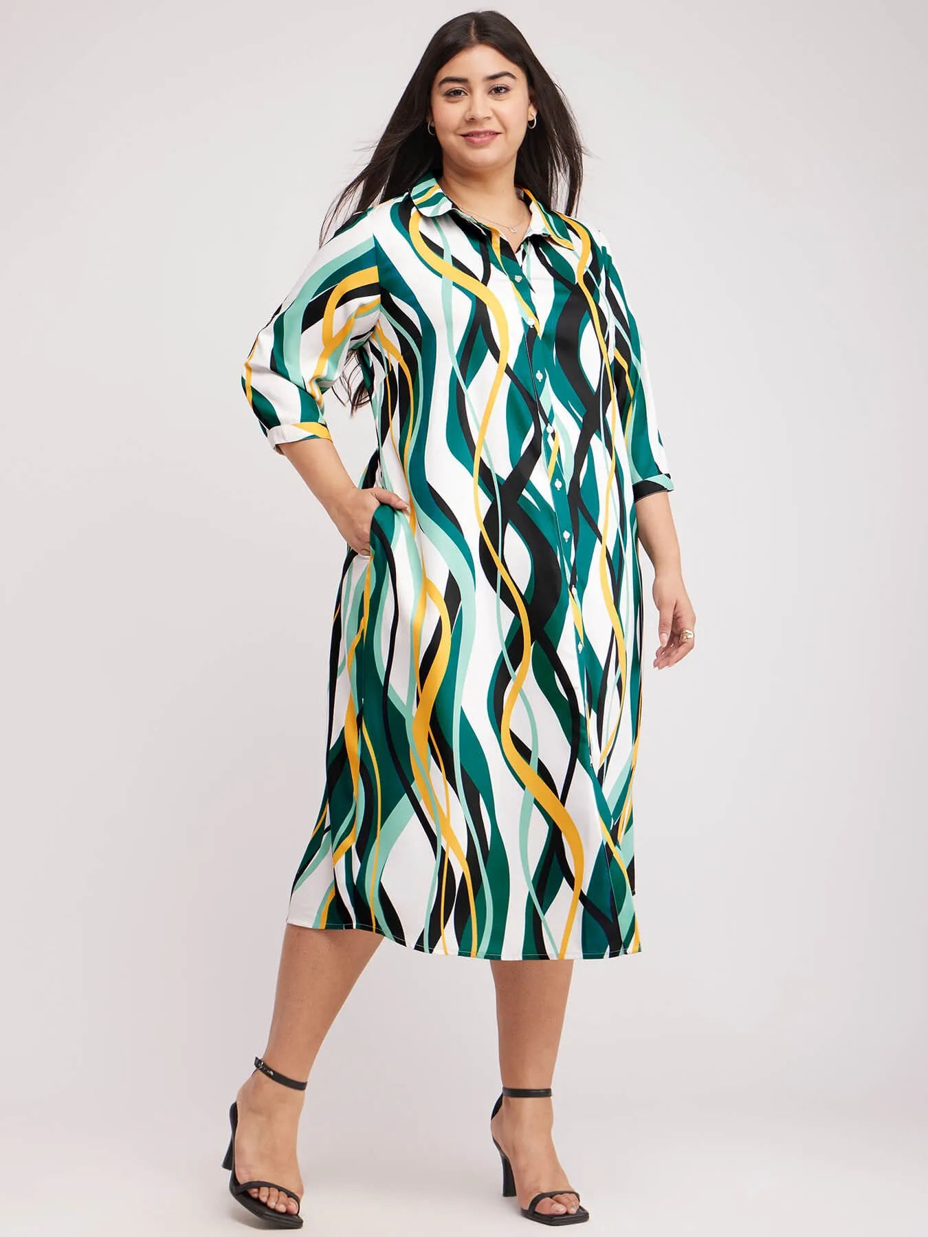 Abstract Print Shirt Dress - White And Teal