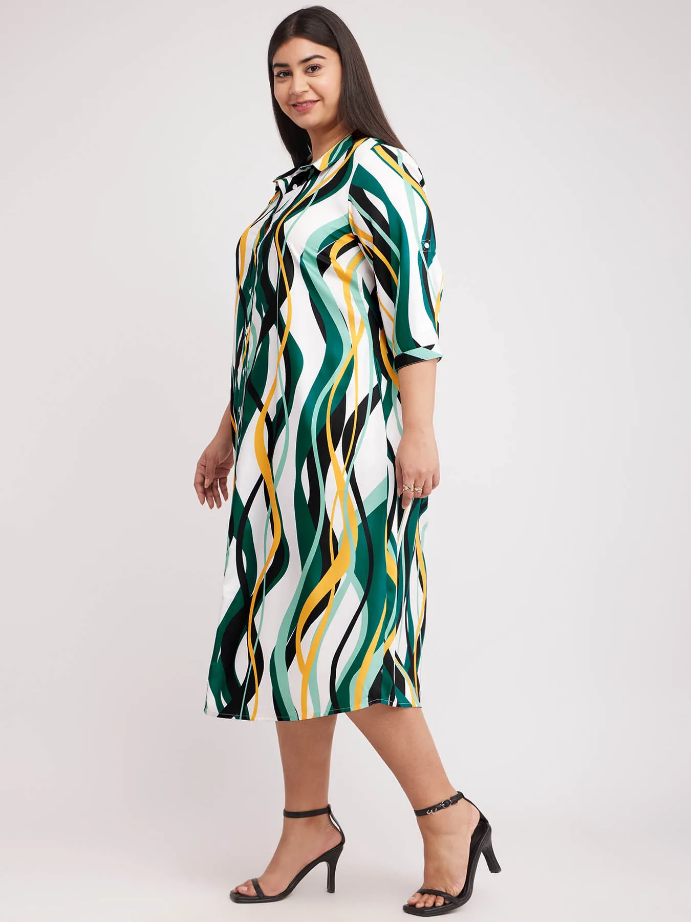 Abstract Print Shirt Dress - White And Teal