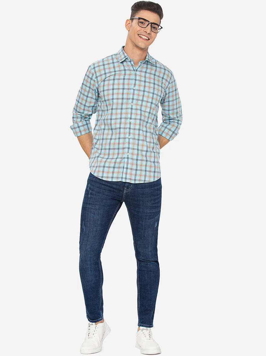 Air Blue Checked Slim Fit Casual Shirt | JadeBlue