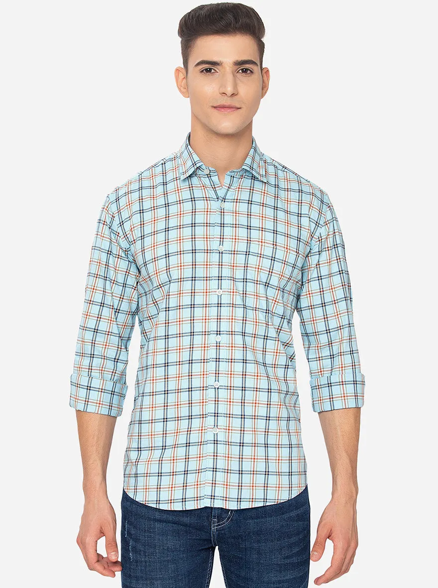 Air Blue Checked Slim Fit Casual Shirt | JadeBlue