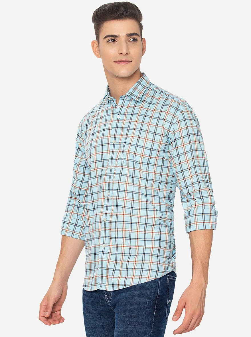 Air Blue Checked Slim Fit Casual Shirt | JadeBlue