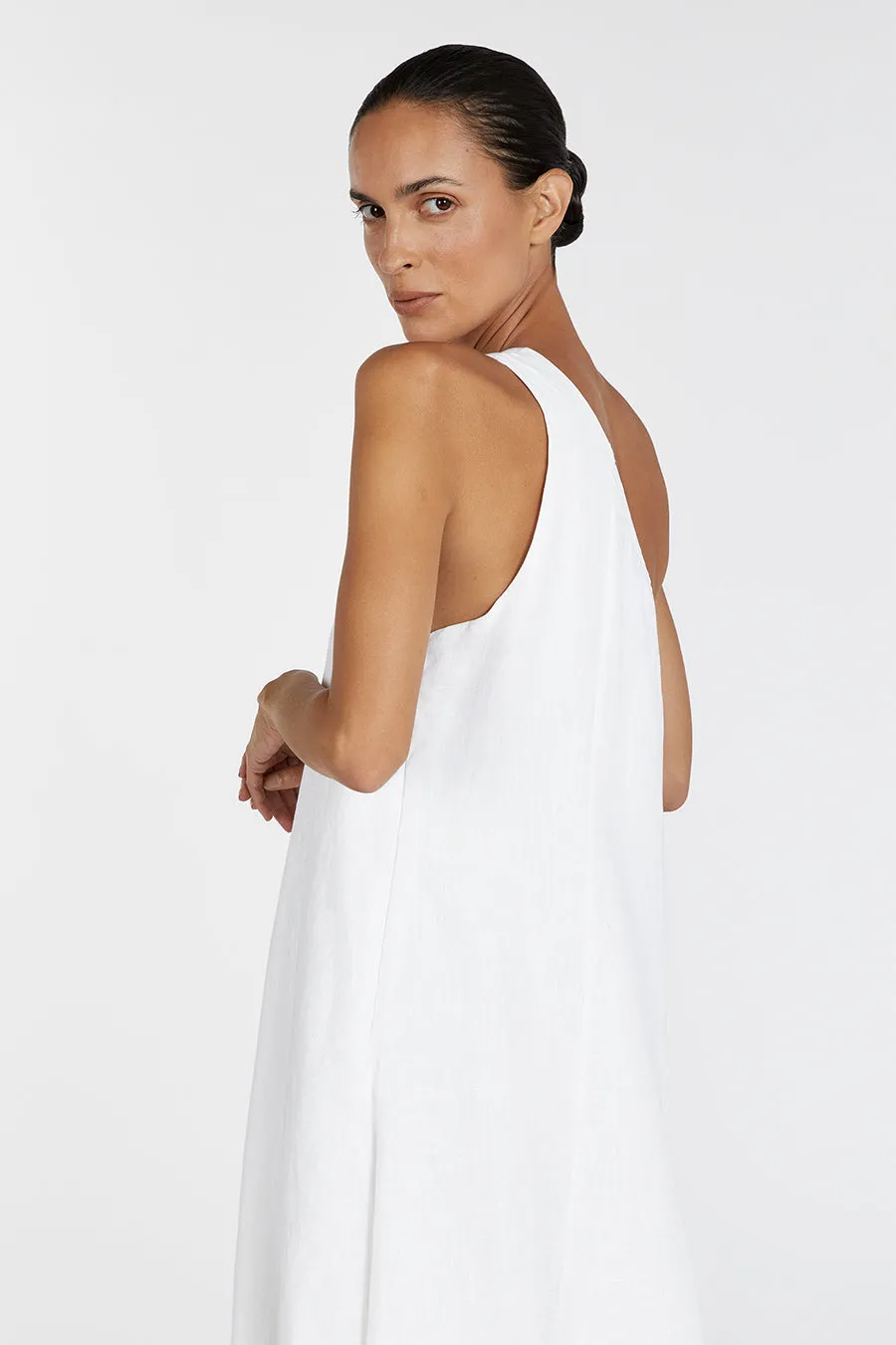 AMBER WHITE ONE SHOULDER MIDI DRESS