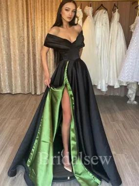 Black A-line Blue Off the Shoulder Slit Women Satin Formal Evening Long Prom Dresses PD553