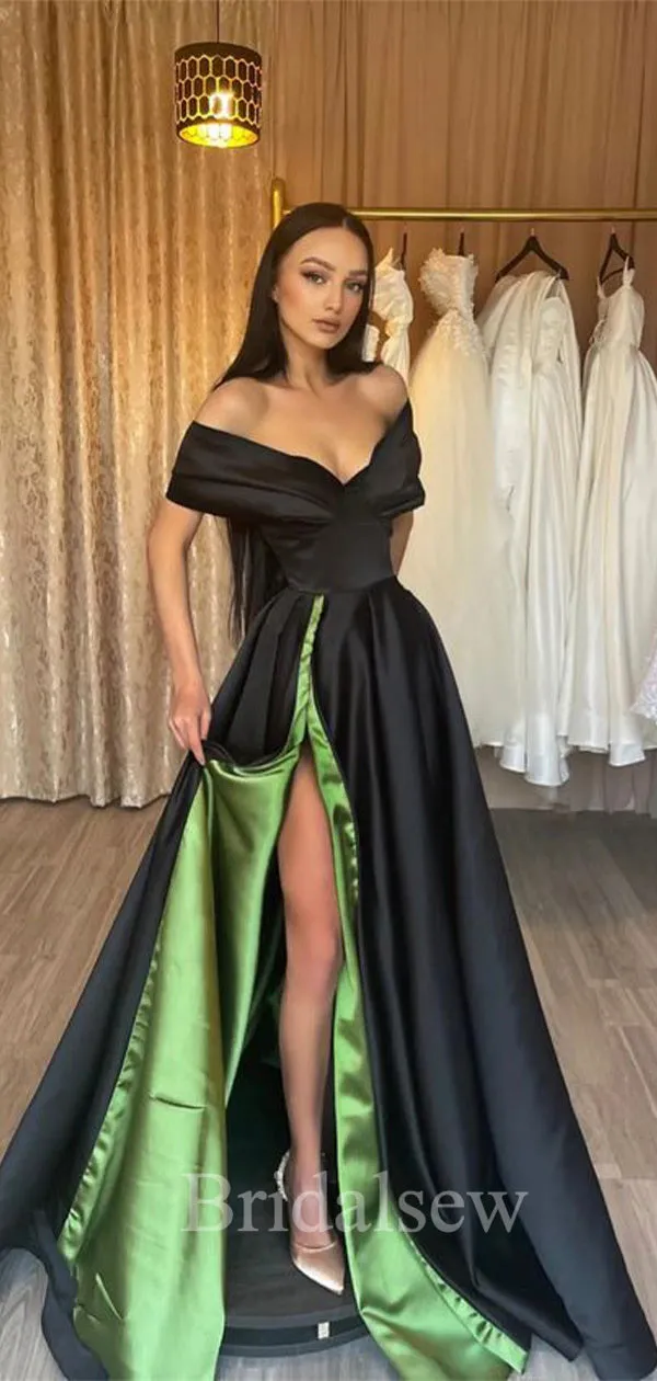 Black A-line Blue Off the Shoulder Slit Women Satin Formal Evening Long Prom Dresses PD553