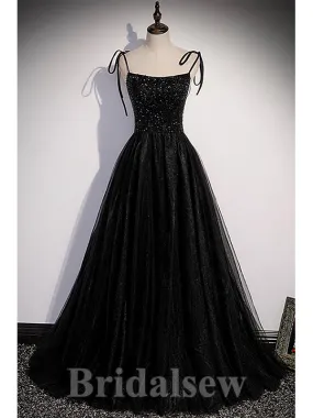 Black A-line Spaghetti Straps Top Sequin Modest Long Women Evening Prom Dresses PD865