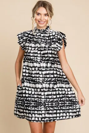 BLACK AND WHITE SATIN PRINT DRESS WITH POCKETS