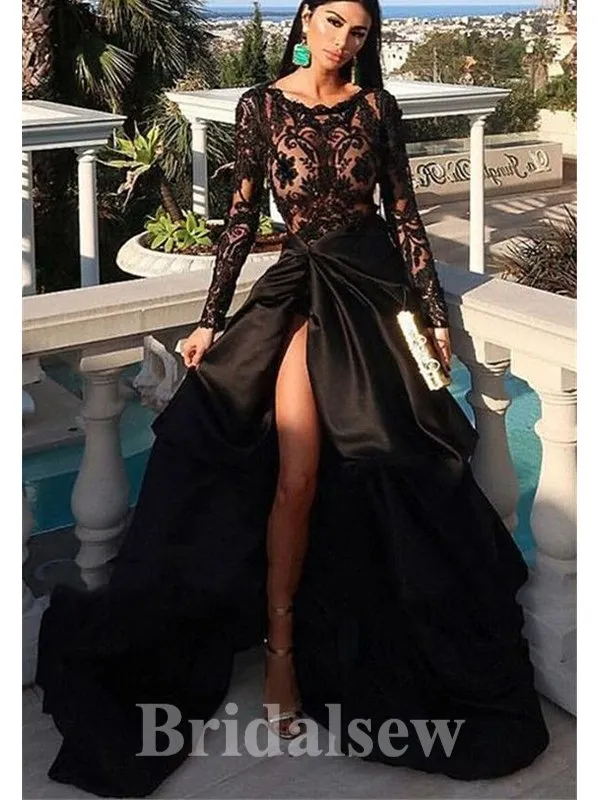 Black long Sleeves Top Lace Satin High Slit Best Party Evening Long Prom Dresses PD1108