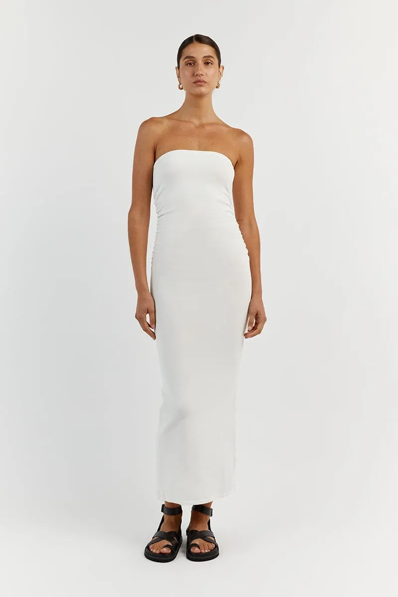 CARRIE OFF WHITE RUCHED MIDI DRESS