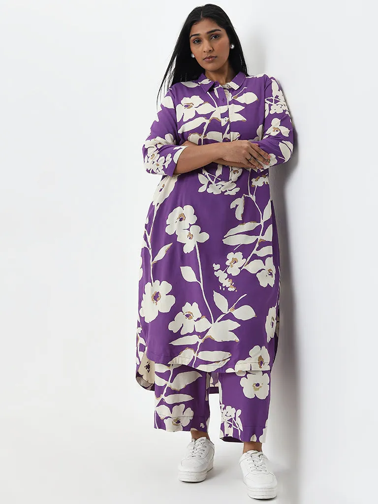 Diza Purple Floral Design Mid-Rise Cotton Ethnic Pants