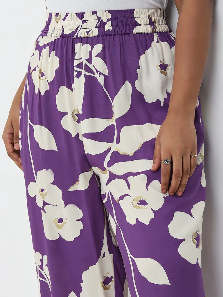 Diza Purple Floral Design Mid-Rise Cotton Ethnic Pants