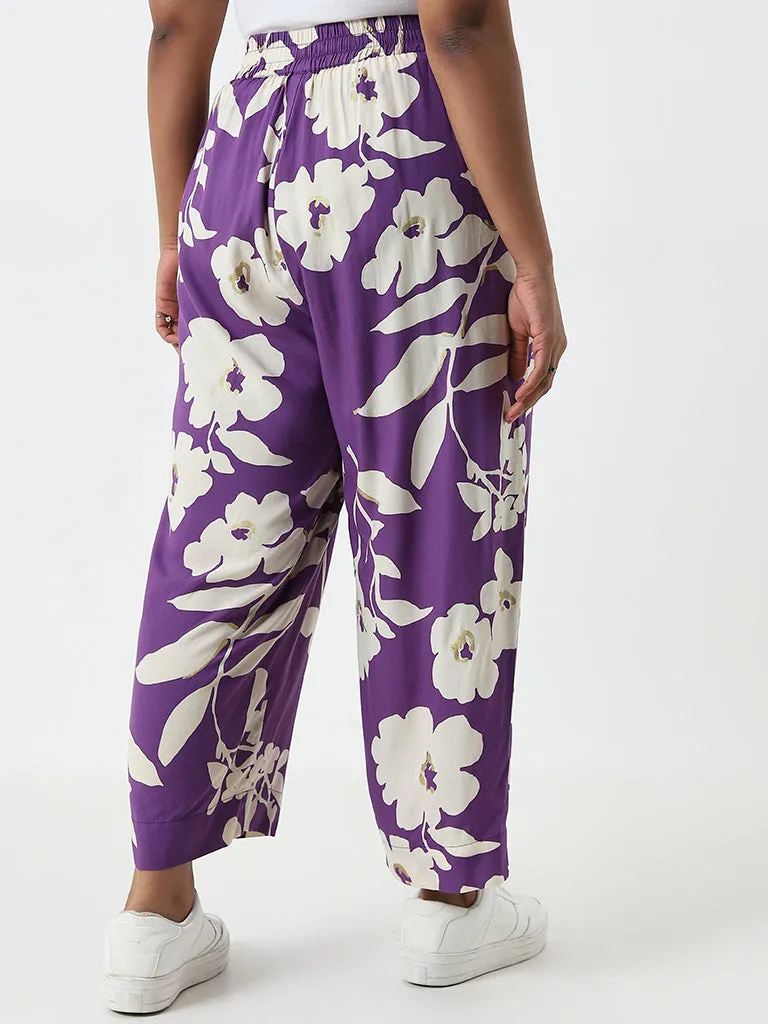 Diza Purple Floral Design Mid-Rise Cotton Ethnic Pants