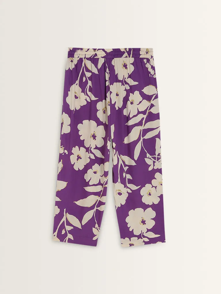 Diza Purple Floral Design Mid-Rise Cotton Ethnic Pants