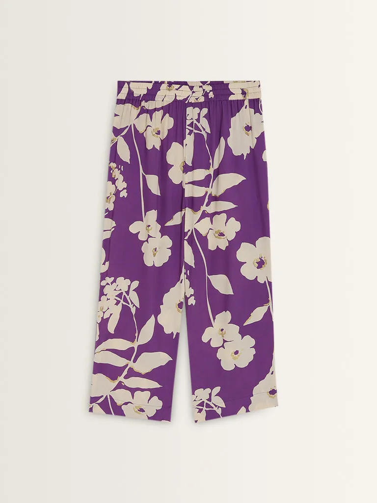 Diza Purple Floral Design Mid-Rise Cotton Ethnic Pants