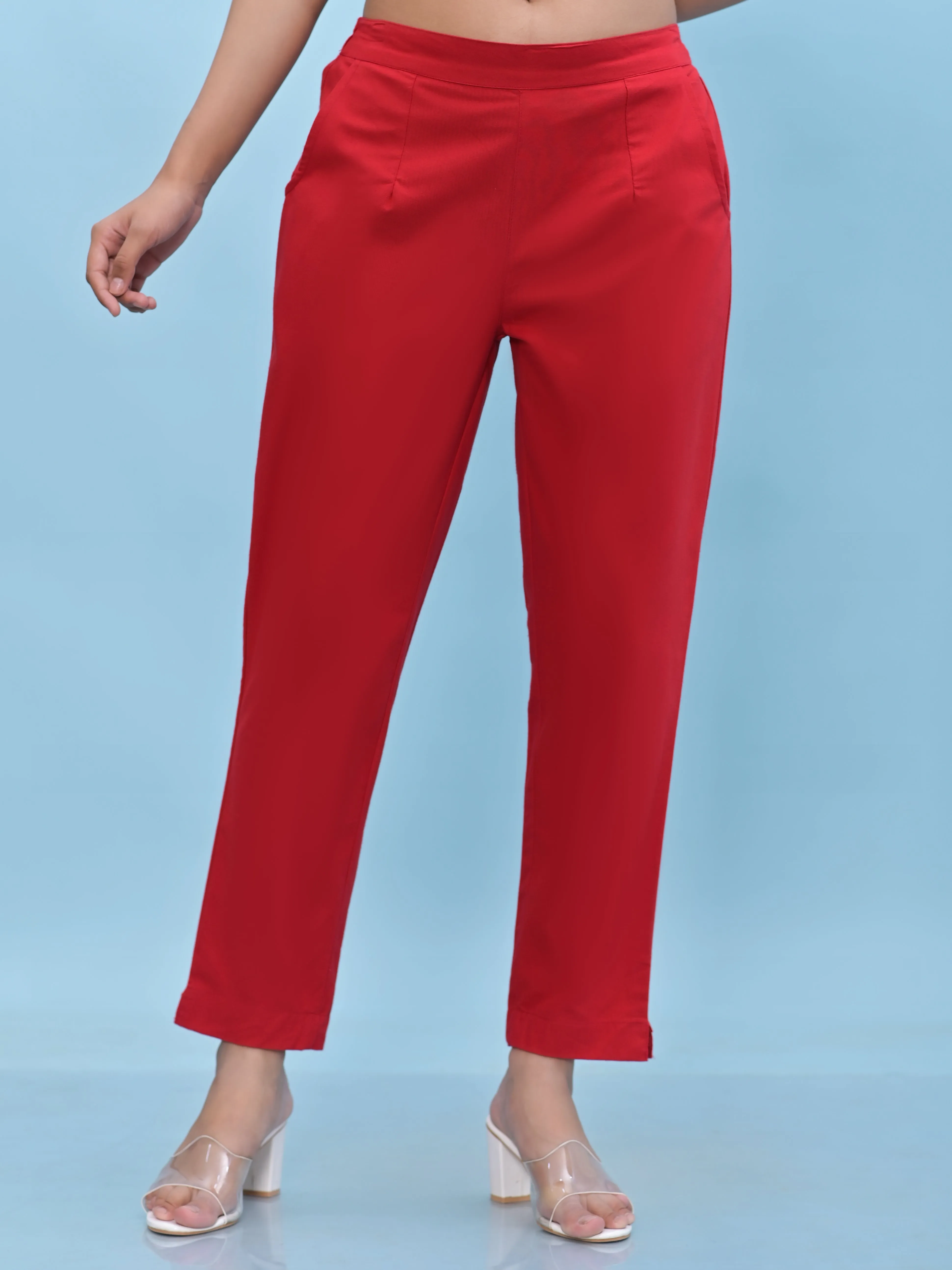 Juniper Women Red Solid Cotton Pants with Partially Elasticated Waistband and Two Side Pockets