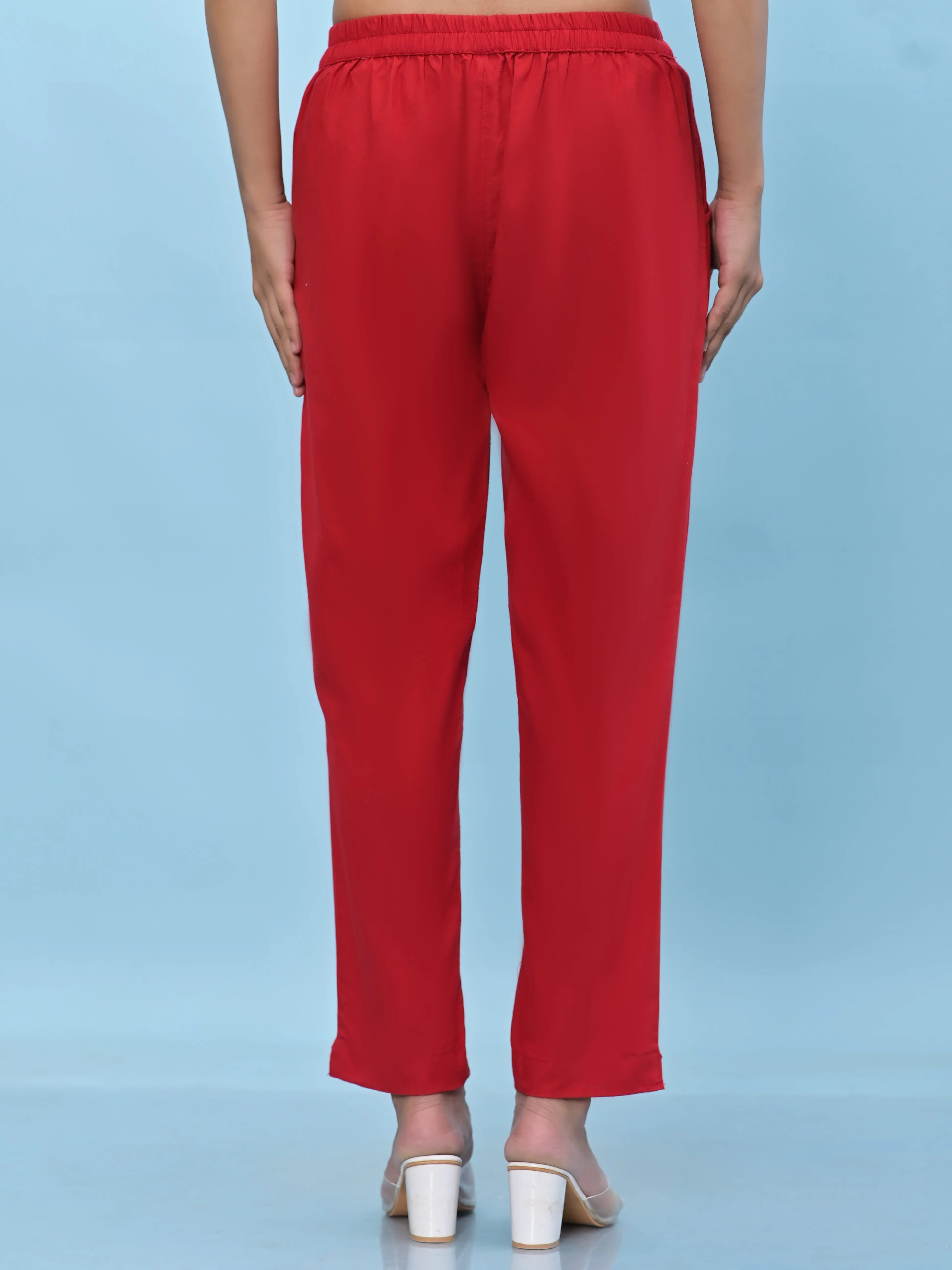 Juniper Women Red Solid Cotton Pants with Partially Elasticated Waistband and Two Side Pockets