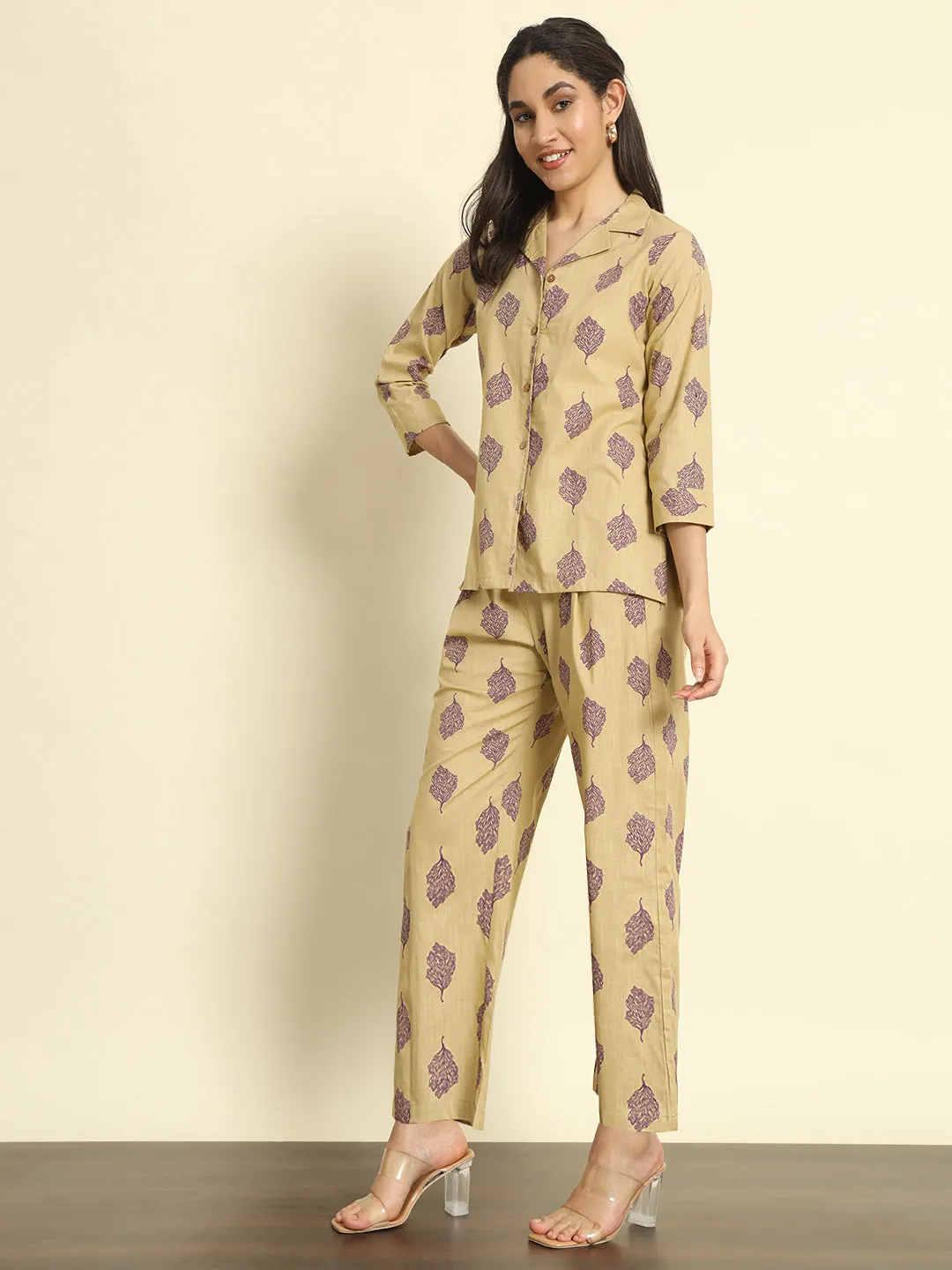 Khaki Printed Linen Pants