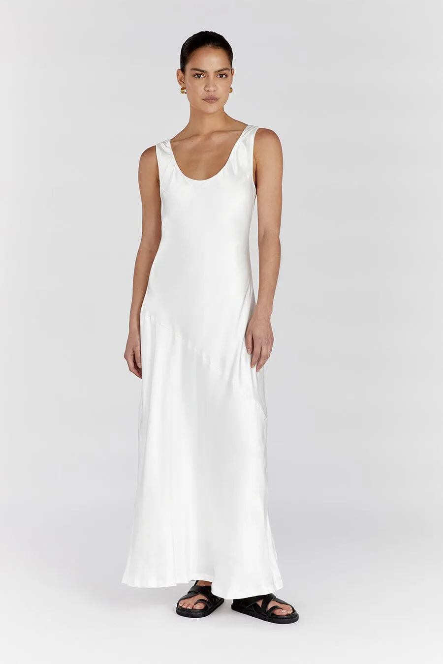 LEA SATIN WHITE SCOOP MAXI DRESS