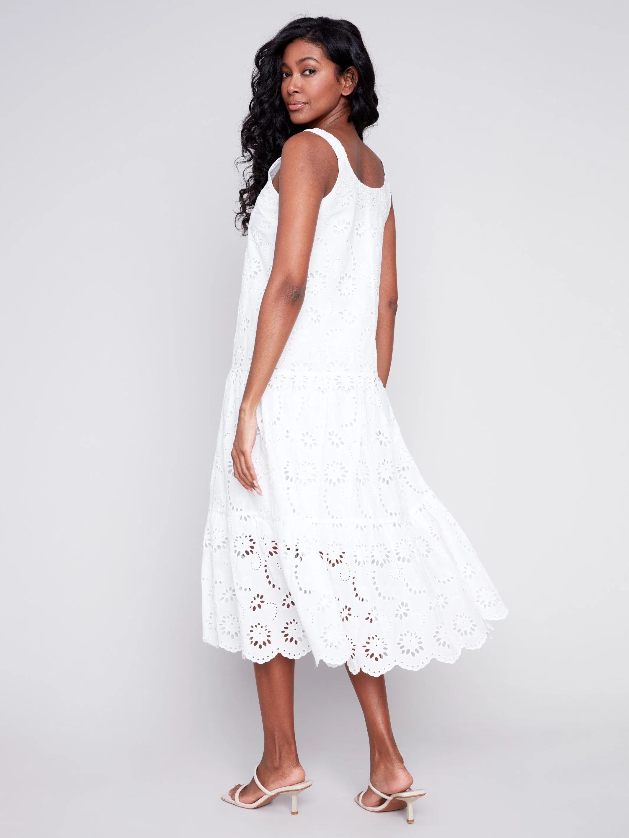 Long Sleeveless Cotton Eyelet Dress - White