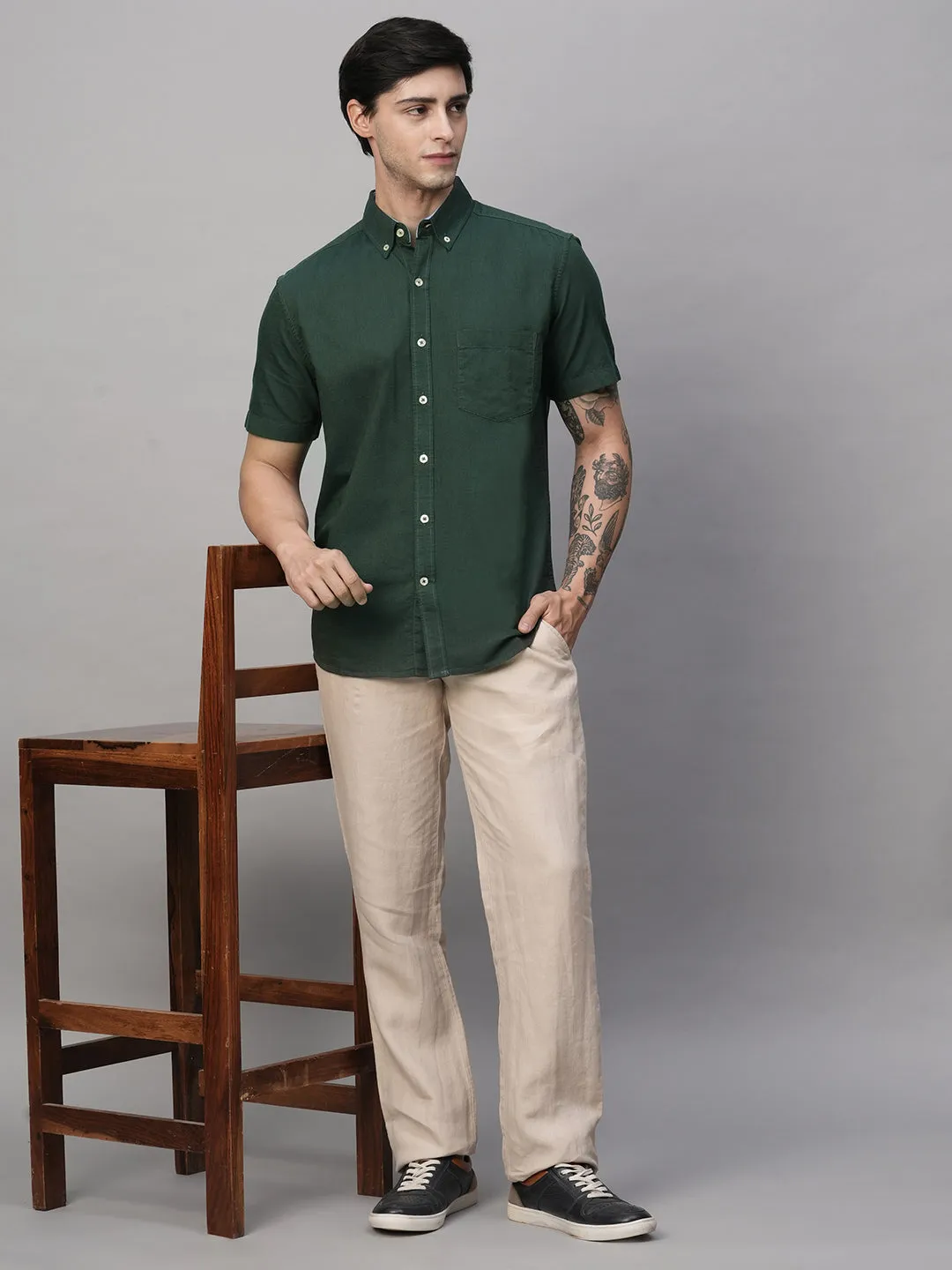 Men's Olive Oxford Cotton Regular Fit Shirts